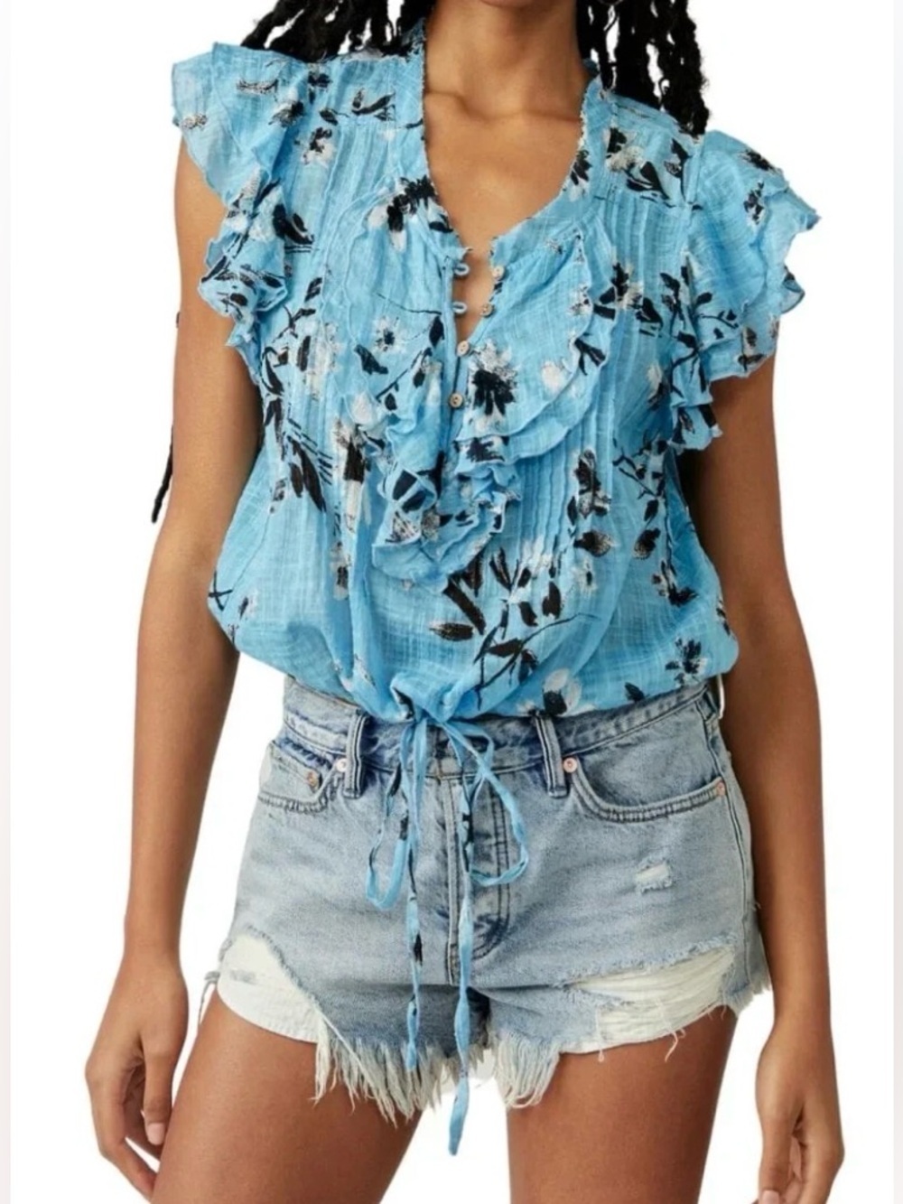 Free People FP ONE Gauze Floral Crop Top Ruffle V-Neck Drawstring Blouse S / P